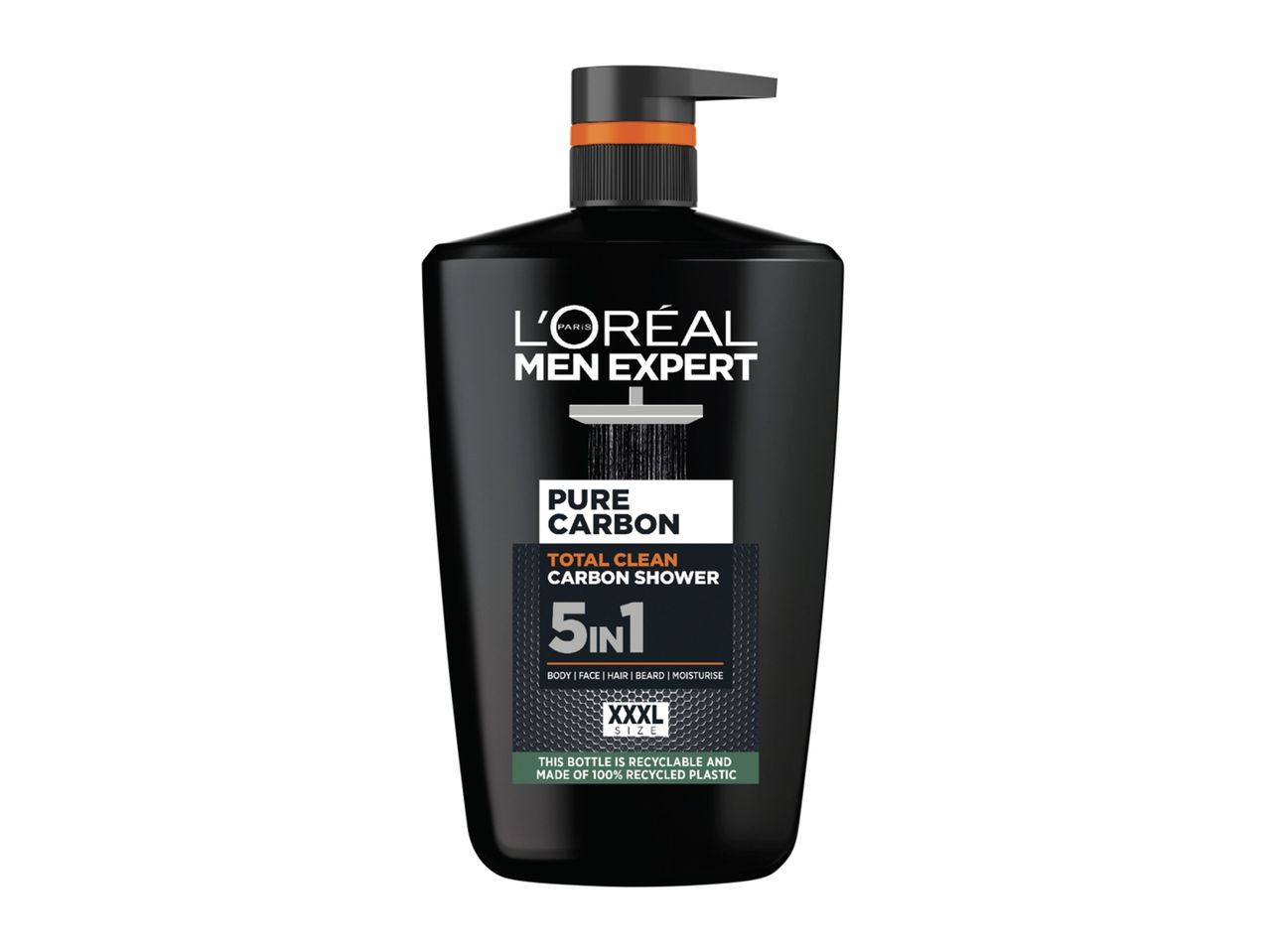 L'Oréal Men Expert Pure Carbon 5-in-1 Total Clean Carbon Shower, XXL size, in a 100% recycled plastic bottle.