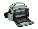 Mint green lunch bag with two food containers and an ice pack