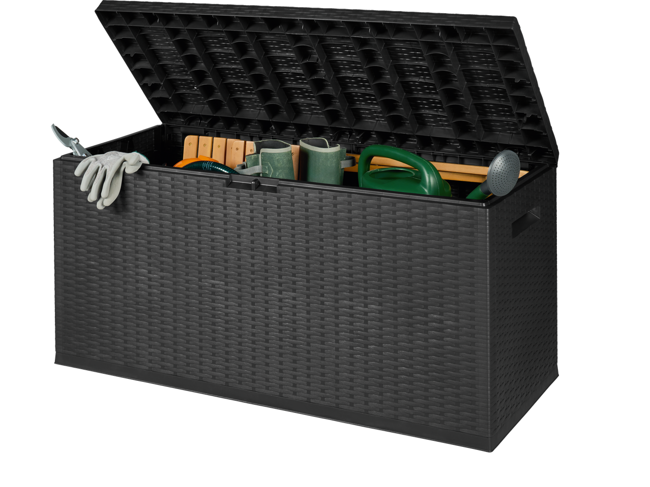 Livarno Garden Storage Box 350L, open with gardening tools inside, black rattan look.