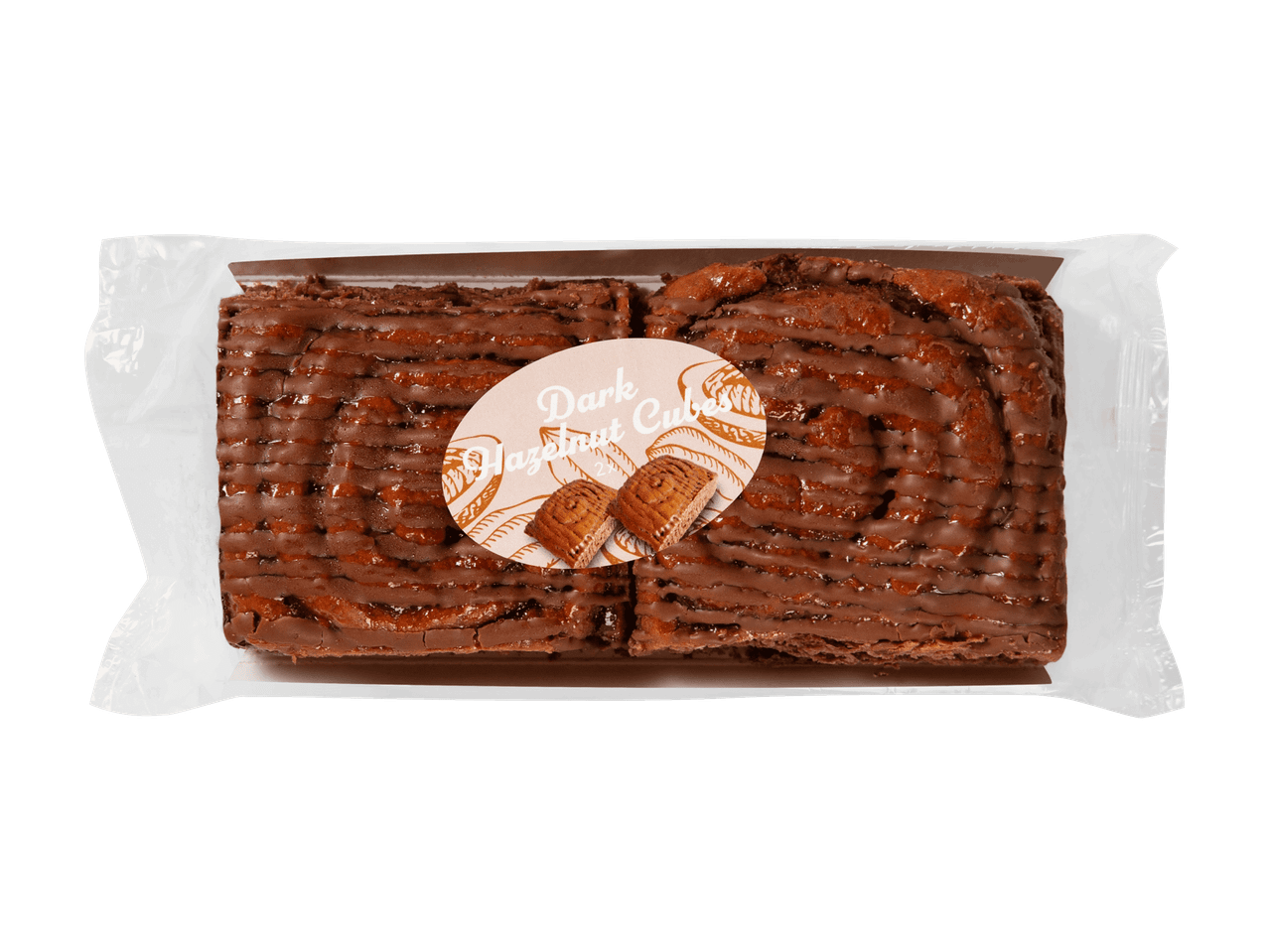Pakattu tumma hasselpähkinäkuutio, jossa on suklaakuorrutus ja koristeellinen etiketti.