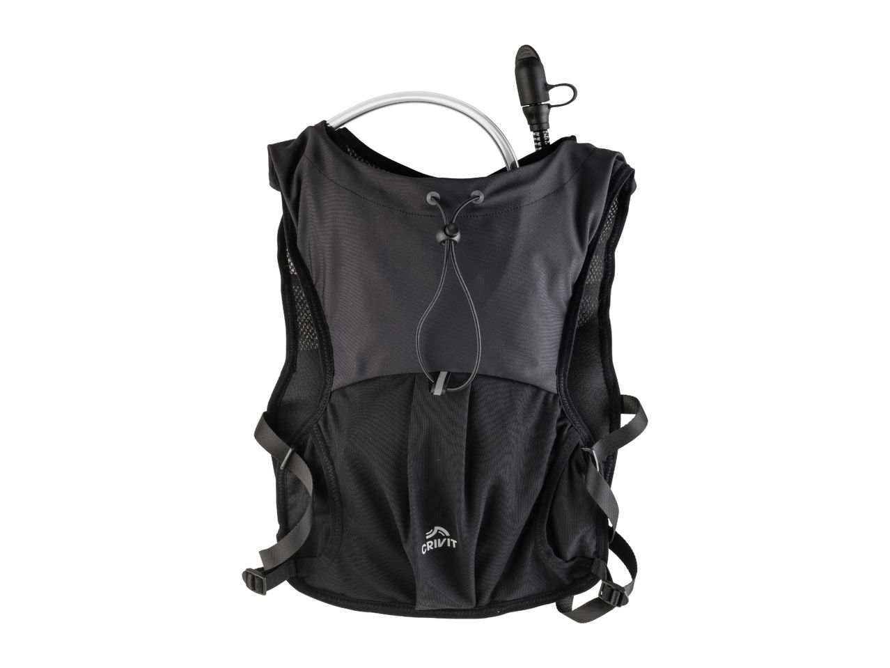 Black hydration vest with a drinking tube and a Crivit logo.