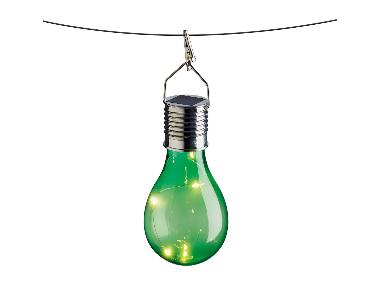 Green solar light bulb with fairy lights, hanging from a wire.
