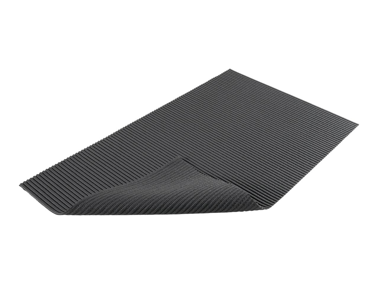 Dark grey ribbed floor mat with a corner slightly lifted