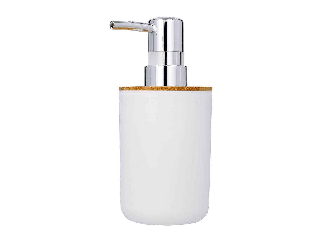 White soap dispenser with a chrome pump and a bamboo-look collar
