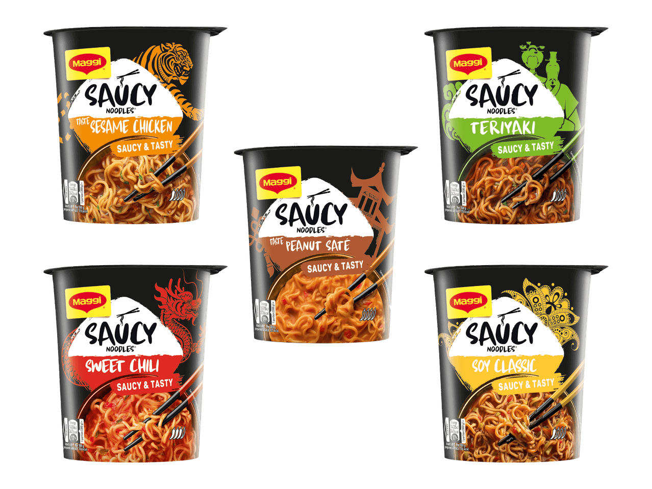 Maggi Saucy Noodles - viisi eri makua: seesami-kana, teriyaki, maapähkinä-satay, chili ja soija.