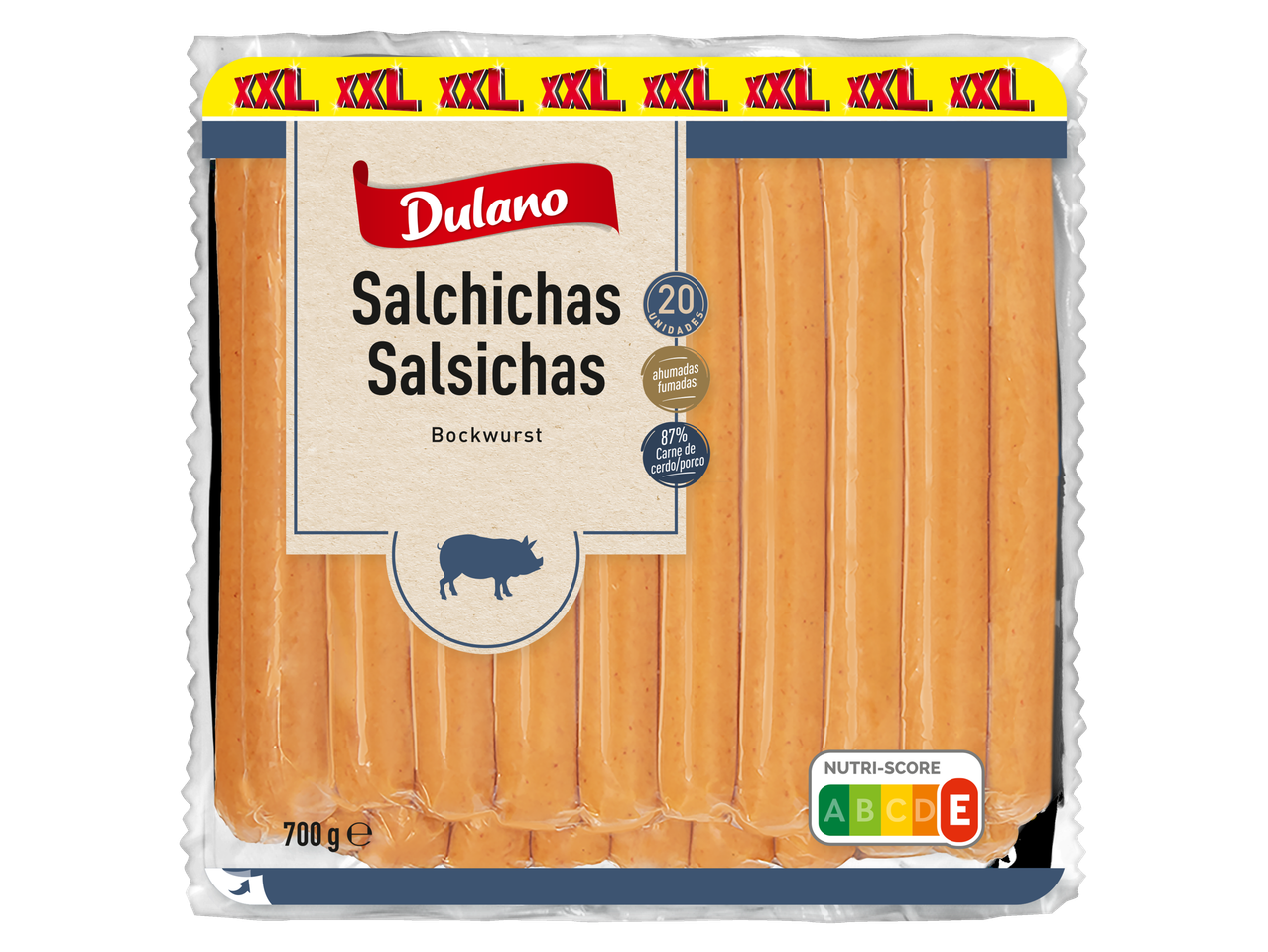 Salsichas Dulano XXL de porco fumadas, 20 unidades, 700g, com Nutri-Score E.