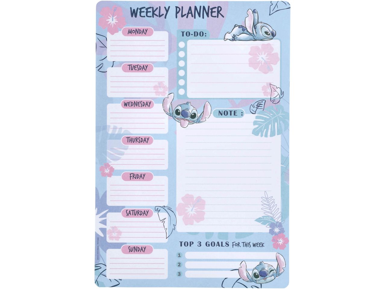A Disney Stitch-themed weekly planner with sections for days, to-do lists, notes, and goals.