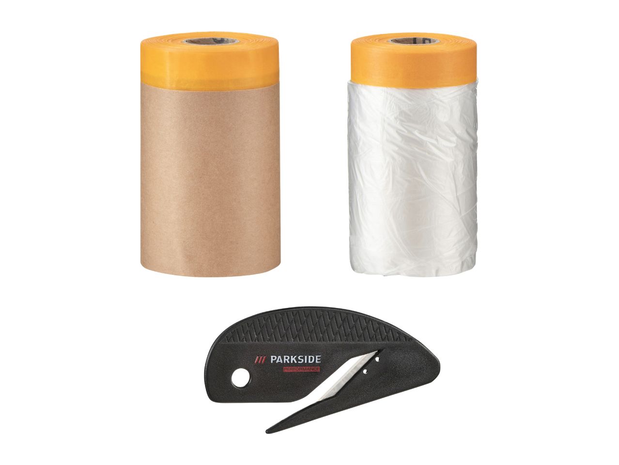 Two rolls of masking film, one with paper and one with plastic, and a black safety cutter.