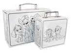 Twee witte koffers met Paw Patrol-personages om in te kleuren.