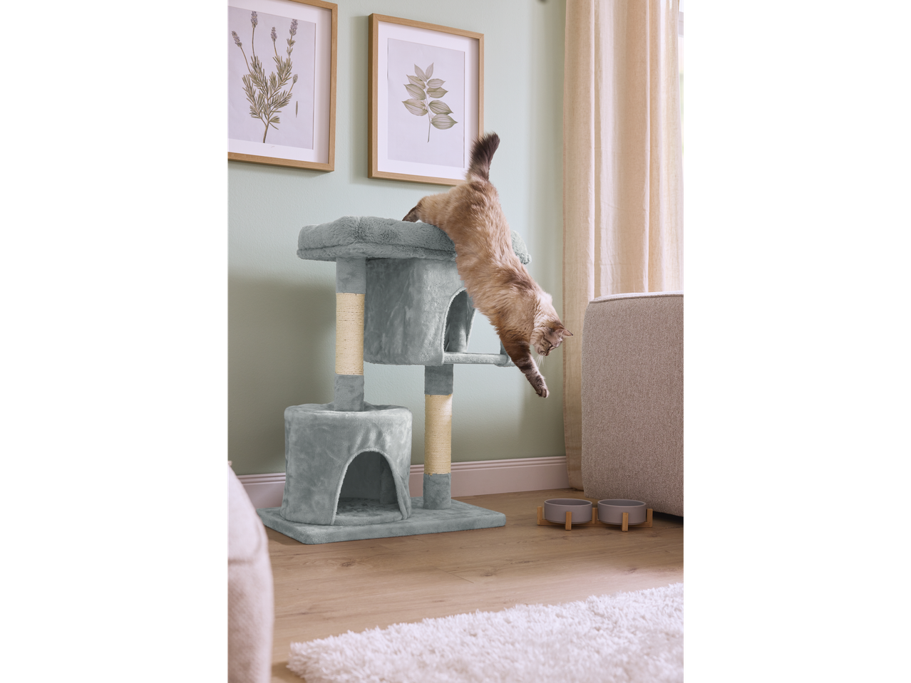 Pilkas Zoofari® Kaparófa kačių draskyklė su kate, šokančia nuo jos.