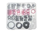 Assortment box with various black, red, and clear rubber O-rings and washers.