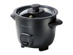 Black rice cooker with a glass lid, side handles, and control panel with 'Cook' and 'Warm' indicators.