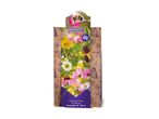 Seed mix for bees with colorful flowers and bees on a brown paper package.