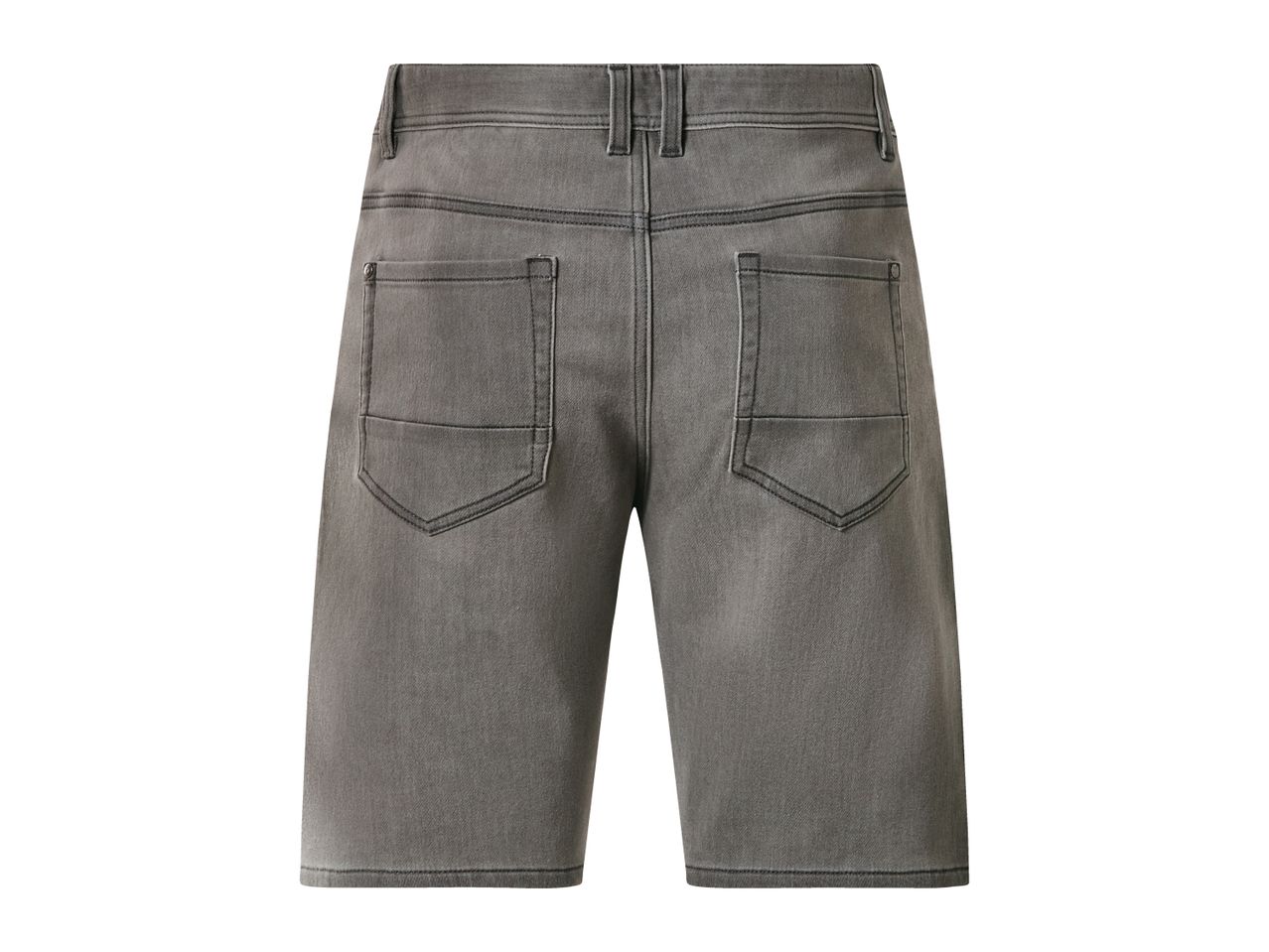 Men's grey denim shorts, back view with pockets and belt loops.