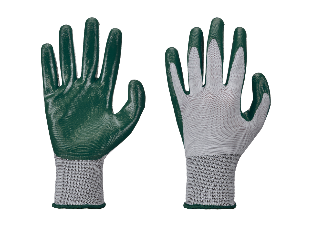 Pair of green and white work gloves, one showing the palm and the other the back.