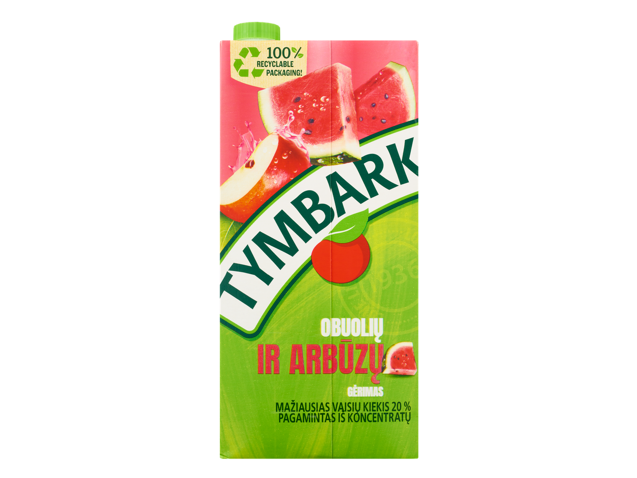 Tymbark obuolių ir arbūzų sulčių dėžutė.