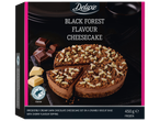 Deluxe Black Forest Flavour Cheesecake with dark chocolate, white chocolate curls, and a Rainforest Alliance seal.
