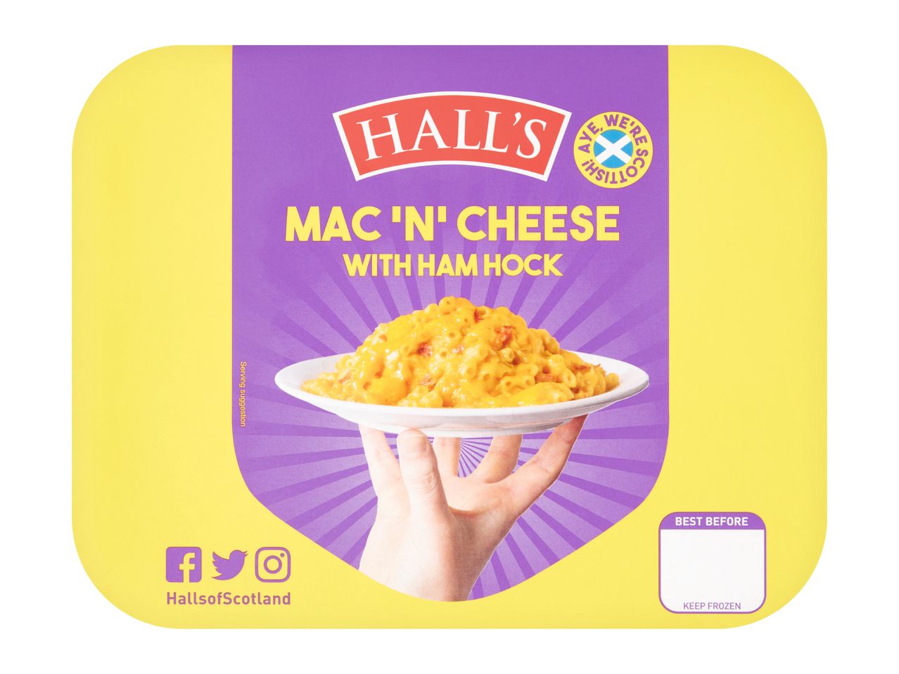 Mac 'n' cheese with ham hock, frozen meal packaging with a serving suggestion.