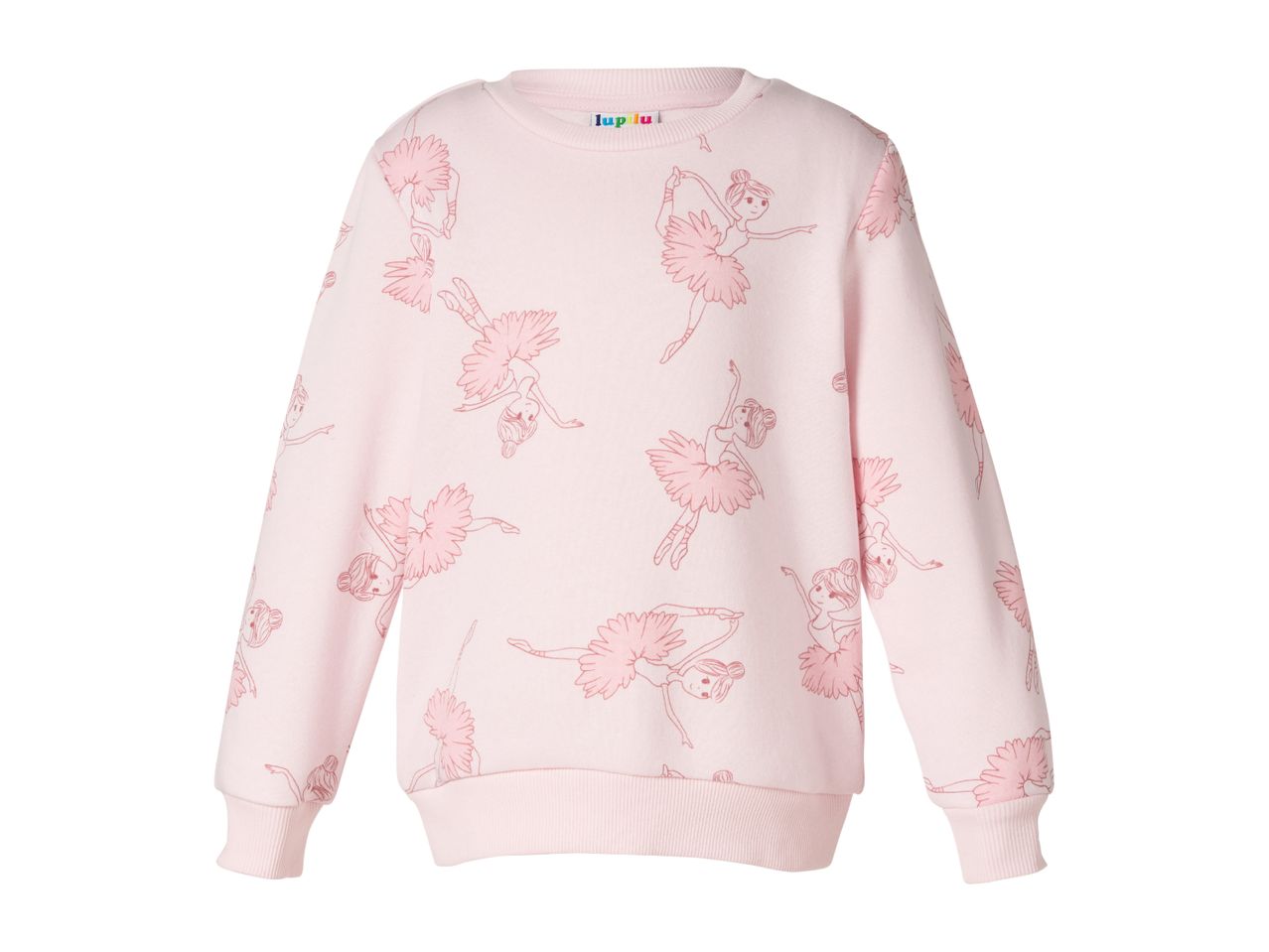 Pink children's sweatshirt with a pattern of ballerinas in various poses.