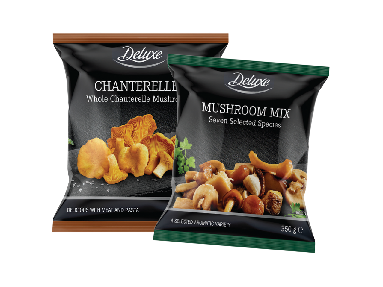 Dva pakovanja smrznutih pečuraka: lisičarke i mešavina sedam vrsta pečuraka.