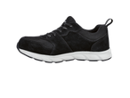 Black athletic shoe with a white sole and black laces.