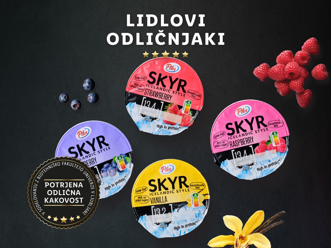 Lidlovi skyr jogurti z okusi jagode, maline, borovnice in vanilije.