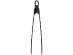 Black plastic kitchen tongs with a hanging loop.