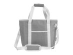 Grey cooler bag with white straps and a shoulder strap, front view.