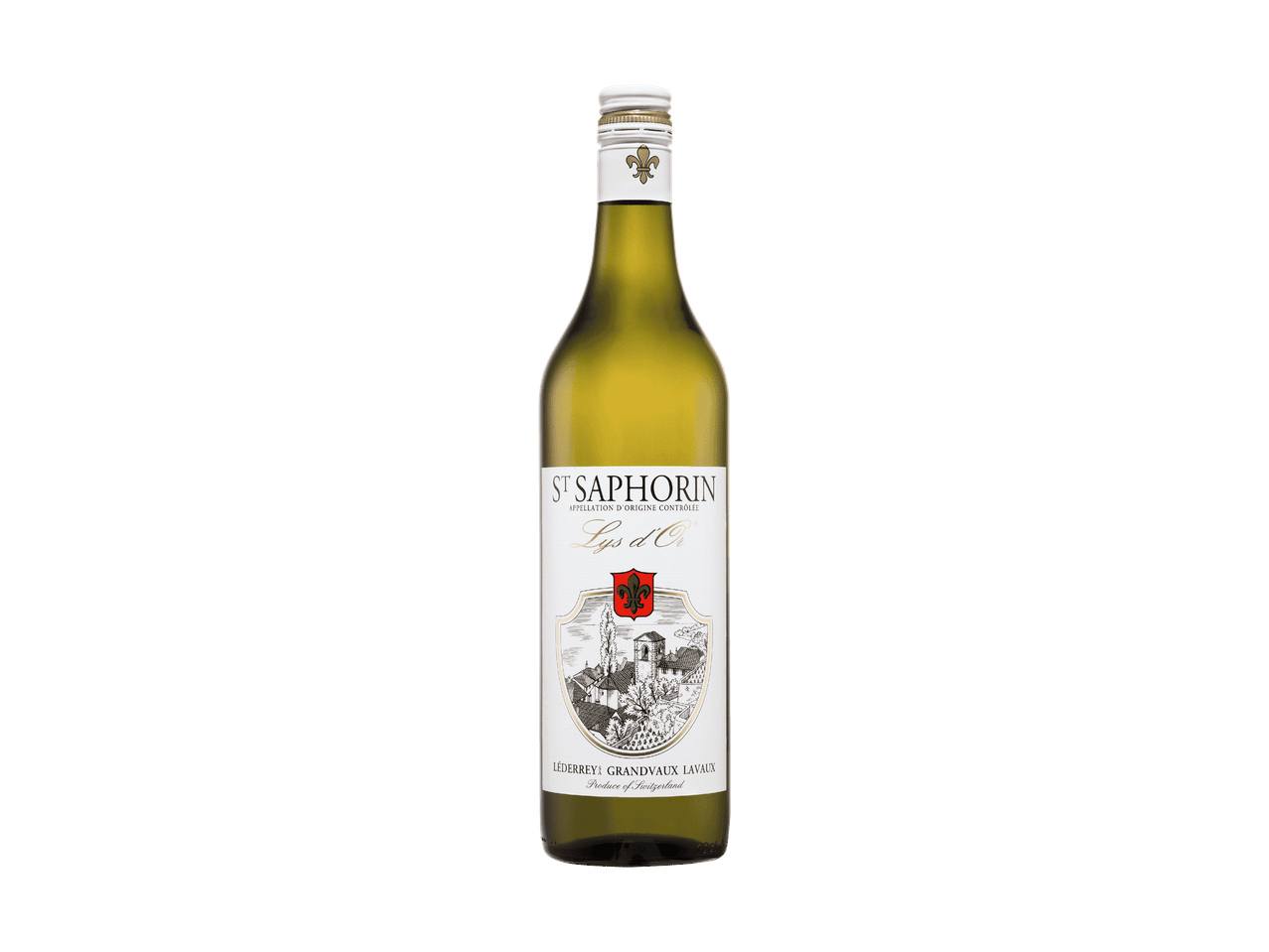 Flasche Weißwein mit einem Etikett, das eine Landschaft und ein Wappen zeigt.