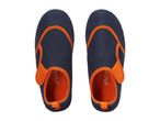 Pair of navy blue and orange children's water shoes with textured soles.