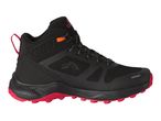 A black Hoka Speedgoat 5 hiking shoe with red accents is shown.