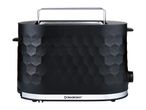 Black two-slice toaster with a textured honeycomb design and integrated warming rack