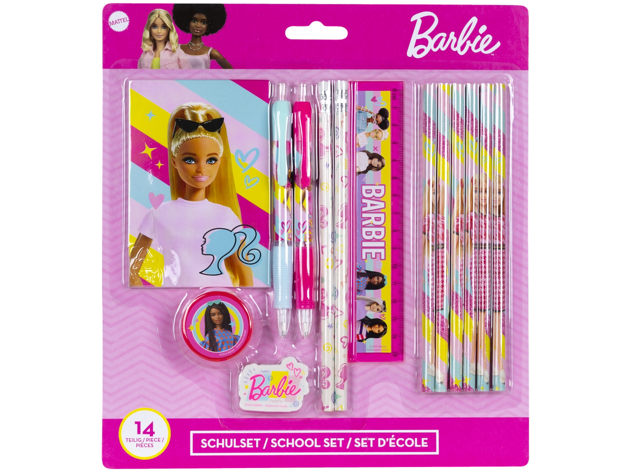 Conjunto escolar Barbie com lápis, régua, borracha e caderno.