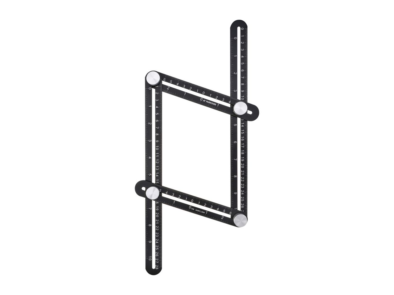Black multi-angle measuring ruler with silver knobs, showing various measurement scales.