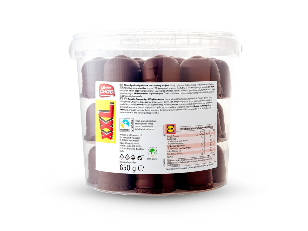 Mister Choc pjenasti proizvod preliven kakaom u prozirnoj plastičnoj posudi, s natpisom XXL.