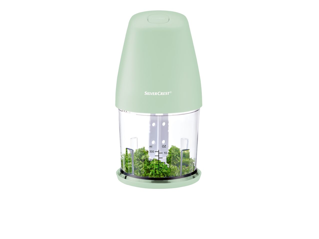Tritatutto SilverCrest verde menta con erbe aromatiche tritate.