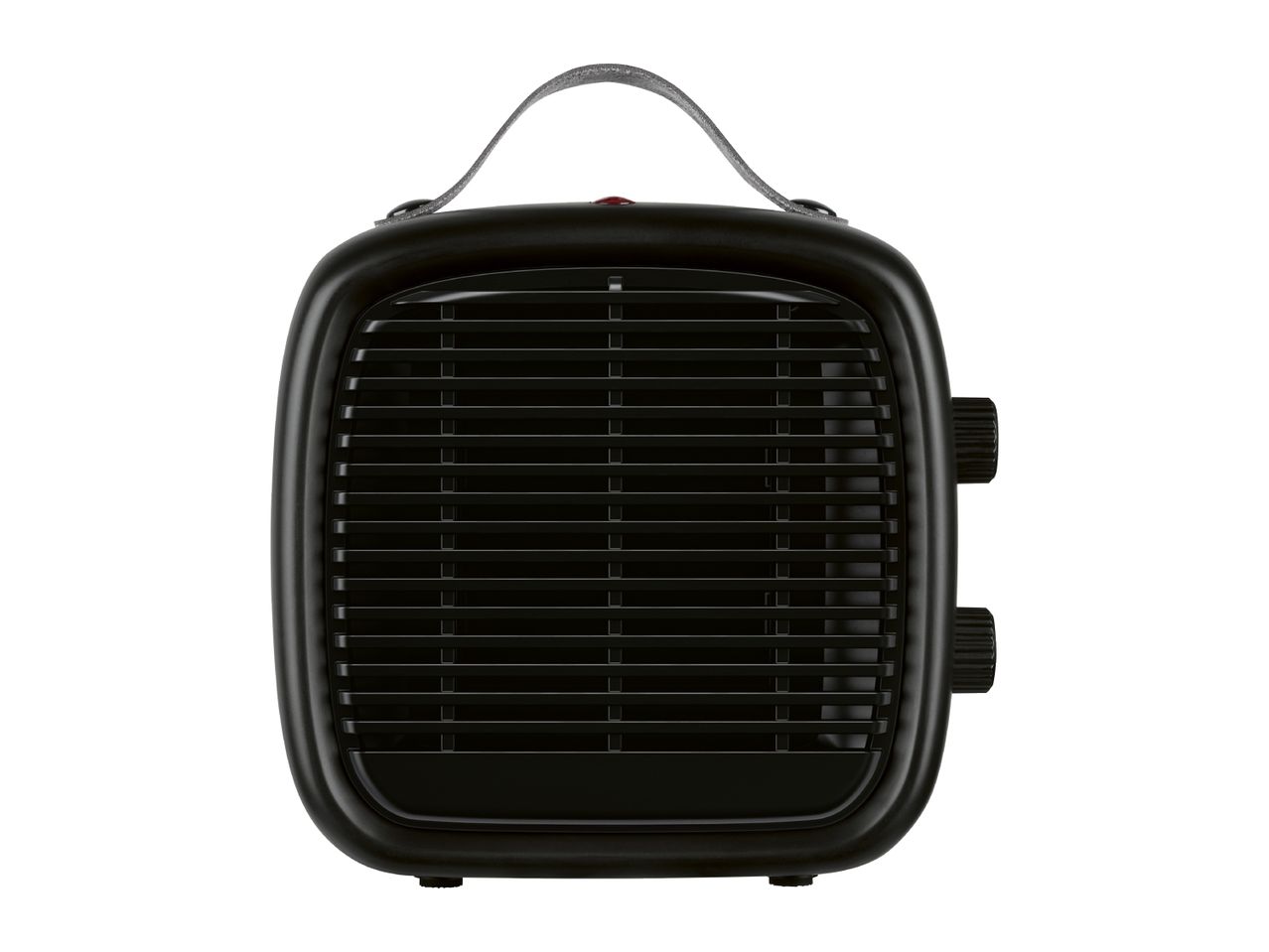 Black portable electric fan heater with a handle and control knobs on the side.