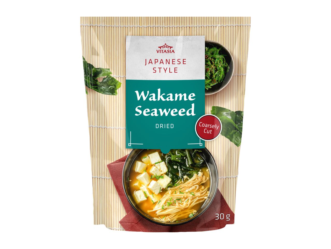 Japanese style dried wakame seaweed, coarsely cut, 30g, with miso soup and seaweed salad.