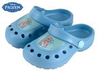 Pair of light blue Frozen-themed children's clogs.