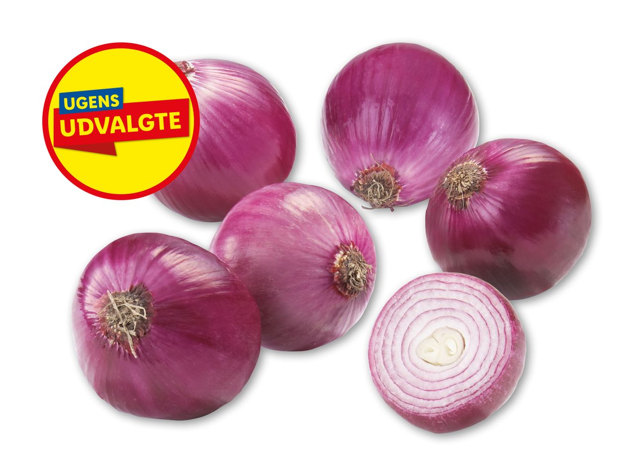 Rødløg med et gult mærke, der siger 'UGENS UDVALGTE'.