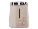 Un prăjitor de pâine bej cu două felii, cu design striat și buton de control al rumenirii.