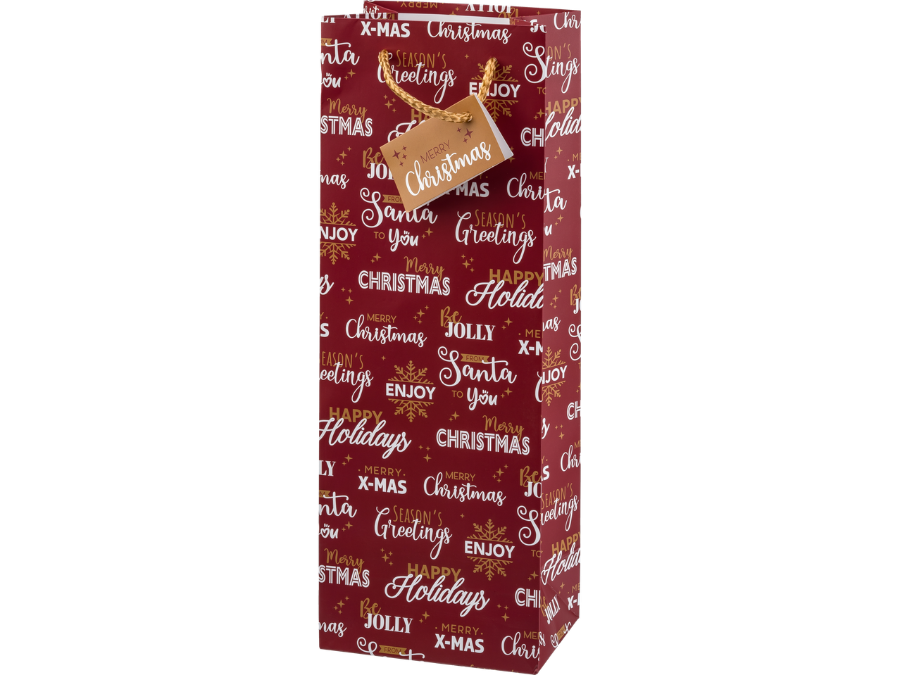 Jõulukingikott tekstidega nagu 'Merry Christmas' ja 'Happy Holidays'.