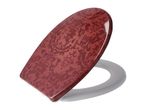 Red toilet seat with an ornate damask pattern, angled on a white background