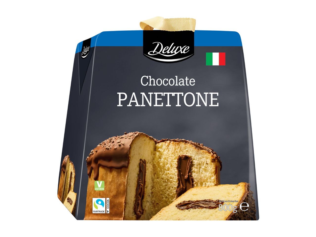 An 800g box of chocolate panettone with a slice cut out to show the filling.