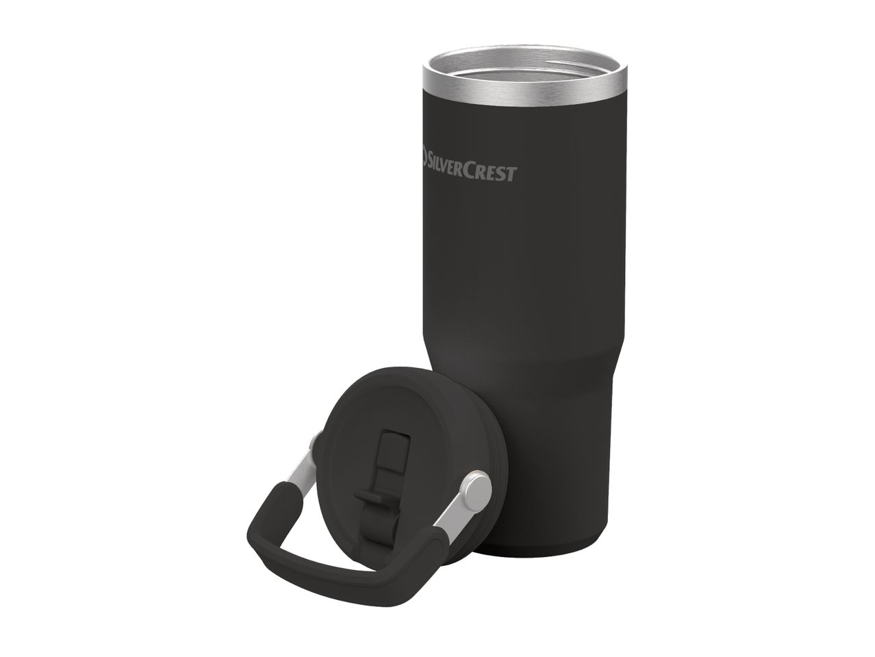 A black Silvercrest tumbler with a detached lid and handle on a white background.