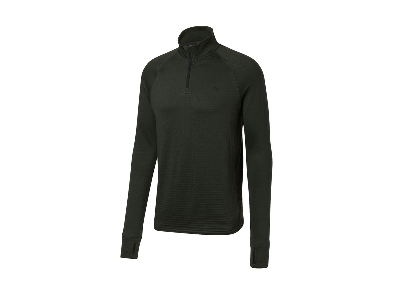 Dark green long-sleeved athletic shirt with a quarter-zip collar and thumbholes.