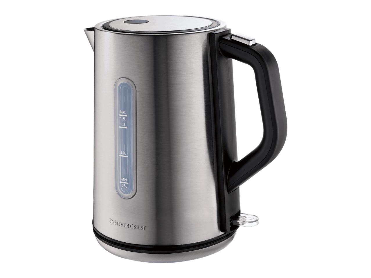 Hopeanvärinen Silvercrest-vedenkeitin, jossa on musta kahva ja vesimittari.