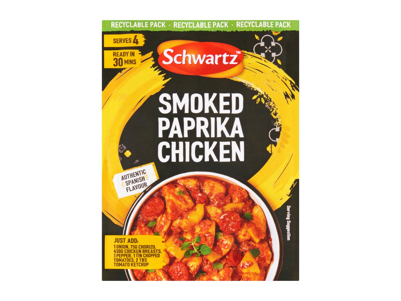 Smoked paprika chicken meal kit with ingredients list, serving suggestion, and recyclable pack label.