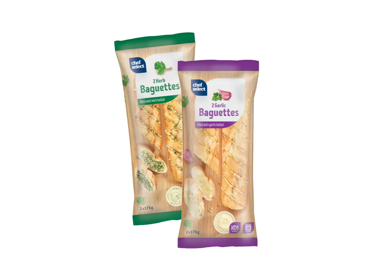 Chef Select pakovanja sa dve bagetke, punjene puterom sa začinskim biljem i belim lukom.