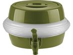 Olive green plastic beverage dispenser with a spigot.
